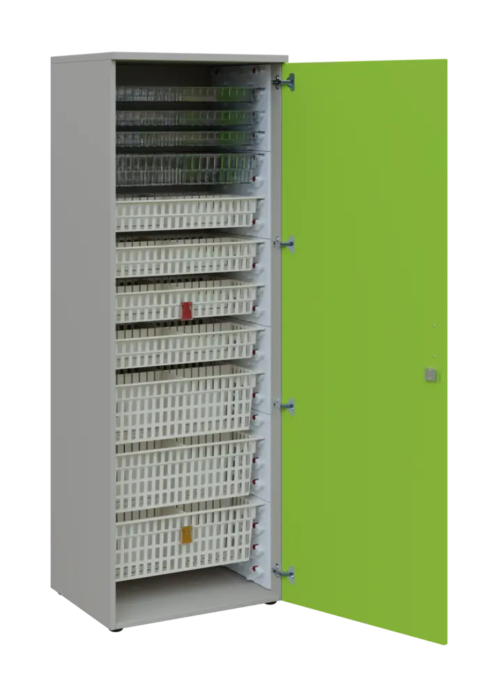 EUROMEDICA D - 66 skříň léková boxová, 1-dveřová, pravá, 1950x660x535, korpus šedý, dvířka jarní zeleň